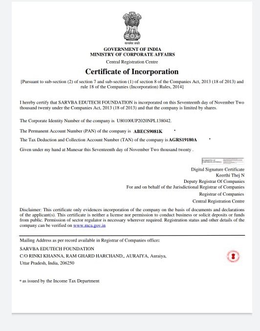 SARVBA Edutech Foundation Certificate of Incorporation